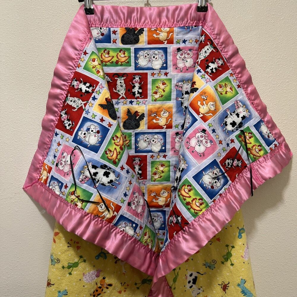 Handmade Baby Blanket Farm Animals Pink Yellow Whimsy Spring